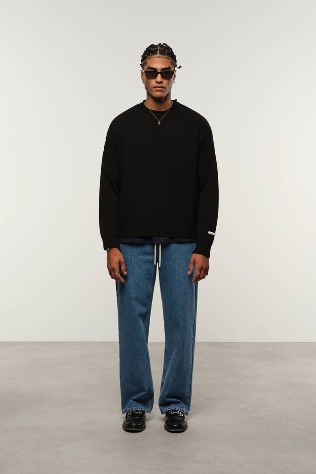 loose knit rolled crewneck black