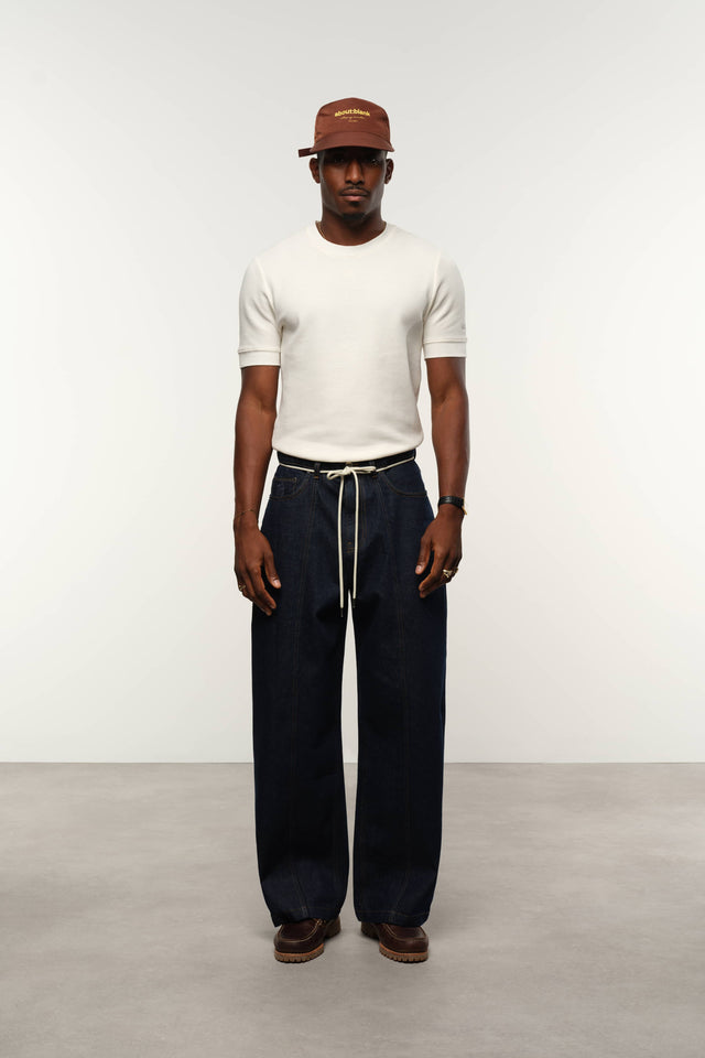 wide leg felled denim raw indigo