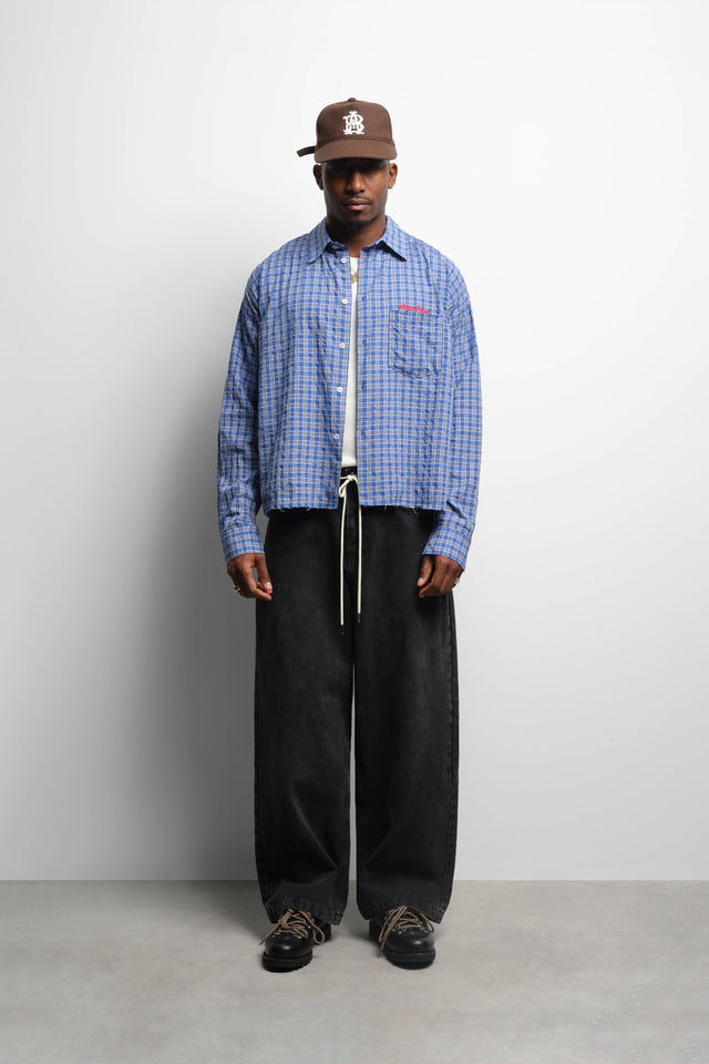 raw edge check shirt blue