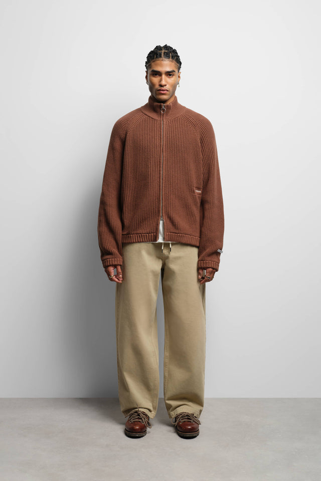 rib knit zip brown