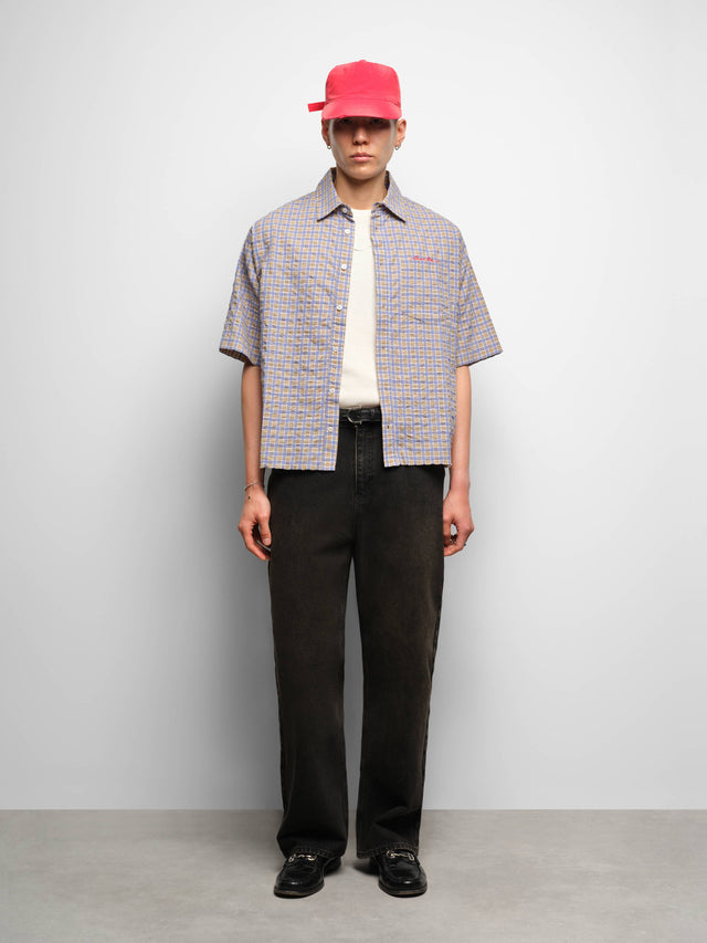 raw hem short sleeve check shirt tan