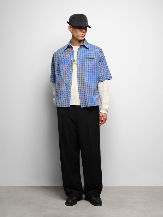 raw hem short sleeve check shirt blue