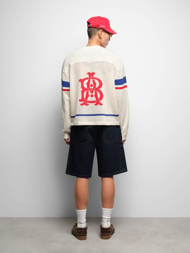 knitted hockey top oat/red/blue