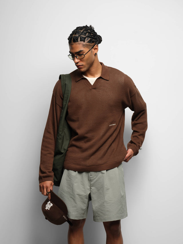 resort long sleeve knit polo brown