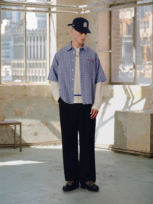 raw hem short sleeve check shirt blue