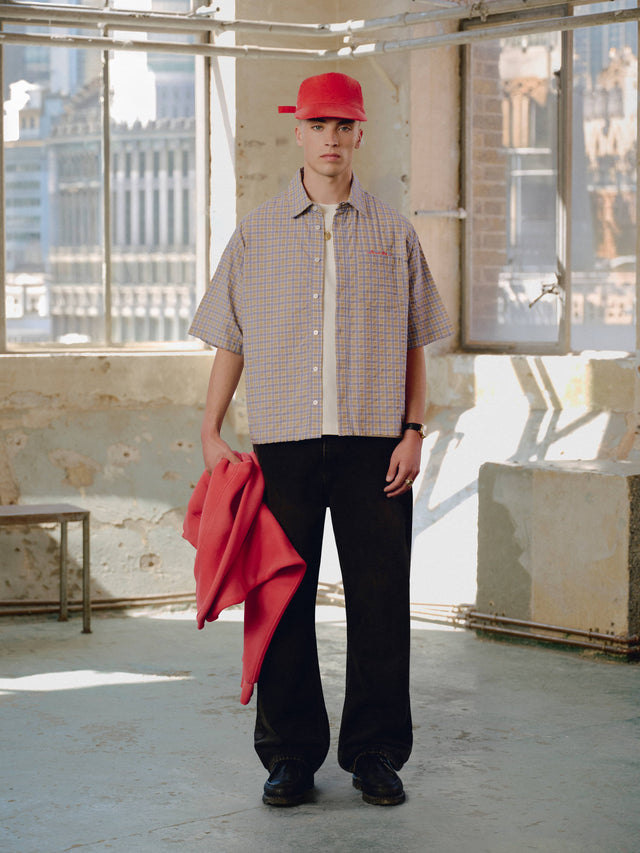 raw hem short sleeve check shirt tan