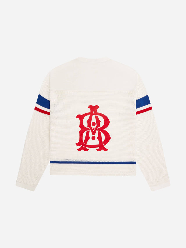 knitted hockey top oat/red/blue