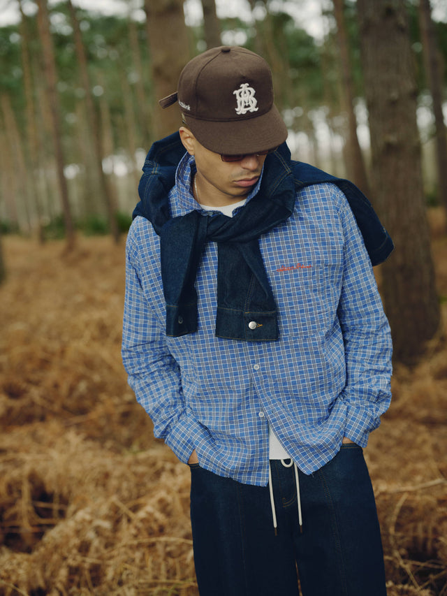 raw edge check shirt blue