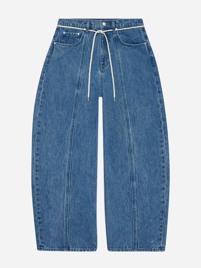 wide leg felled denim jean mid wash