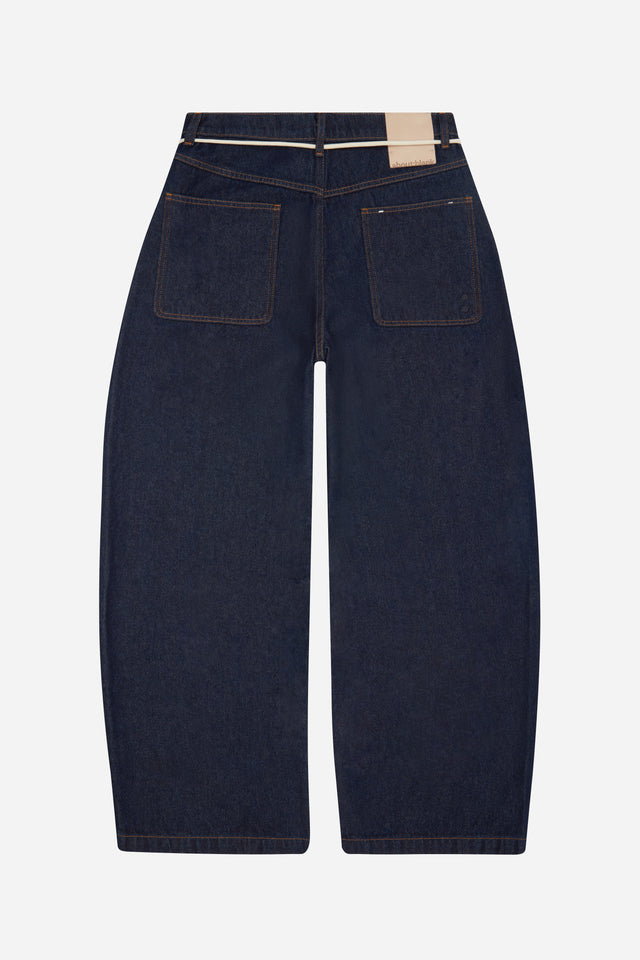 wide leg felled denim raw indigo