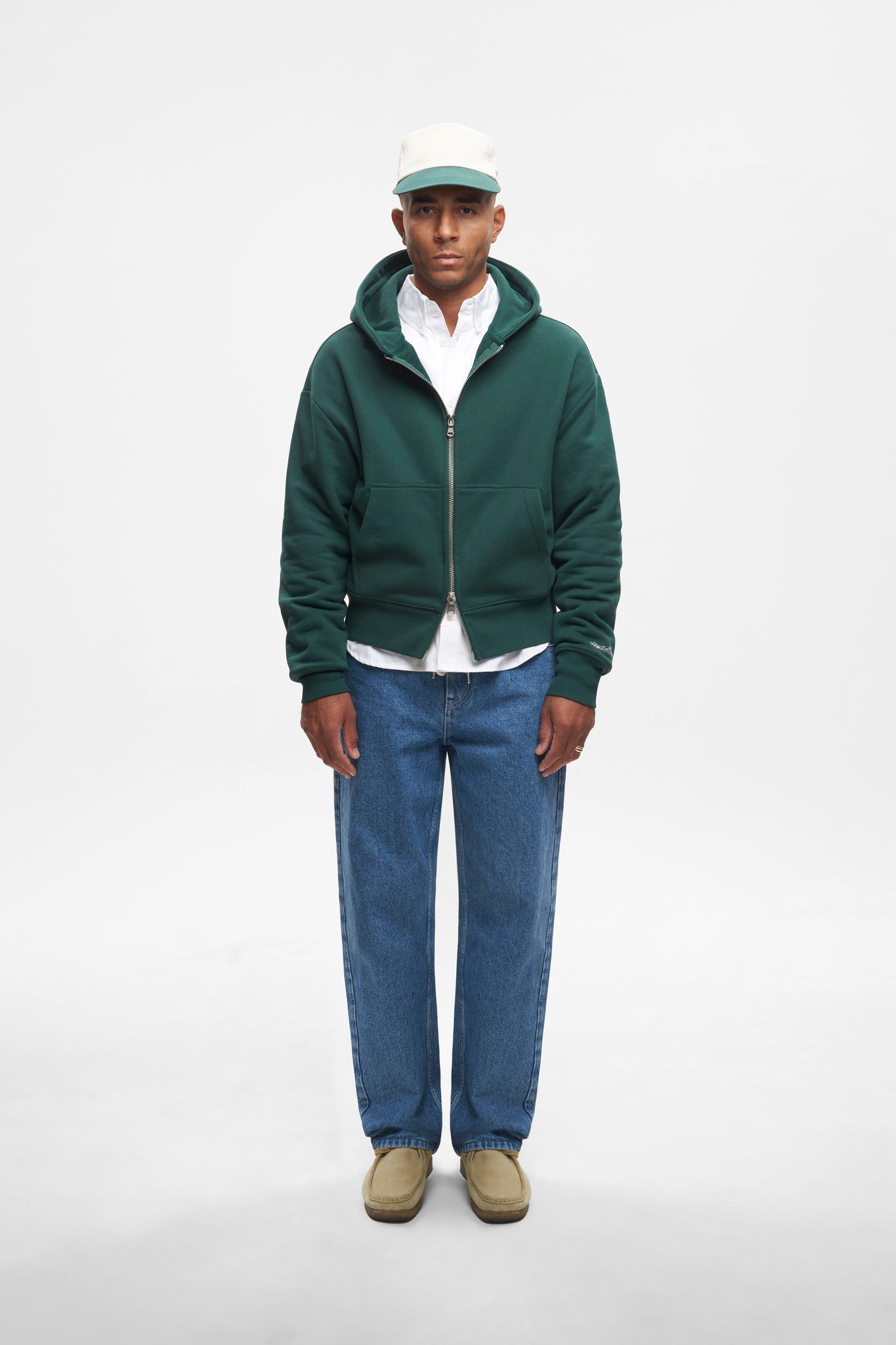 chain stitch double zip hoodie epsom green/ecru
