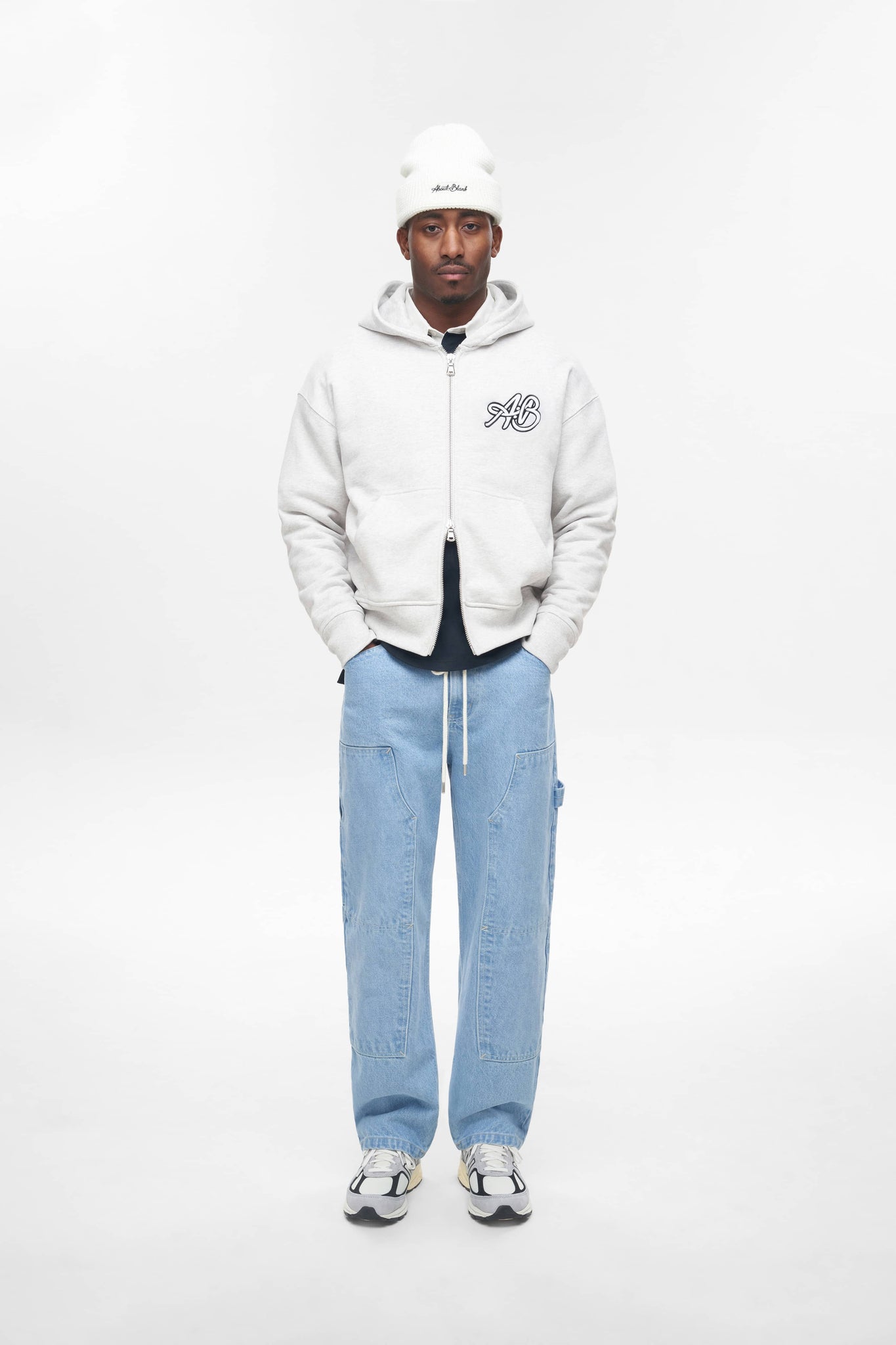 initial double zip hoodie grey marl/white
