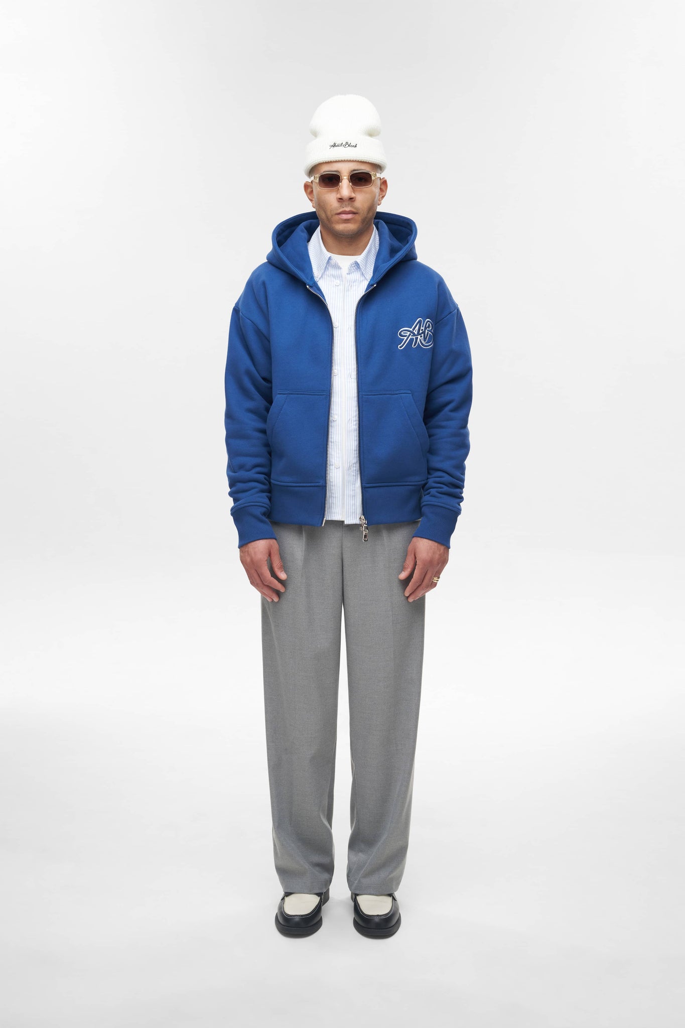 About blank Initial Double Zip Hoodie Estate Blue white About blank initial double zip hoodie estate blue white