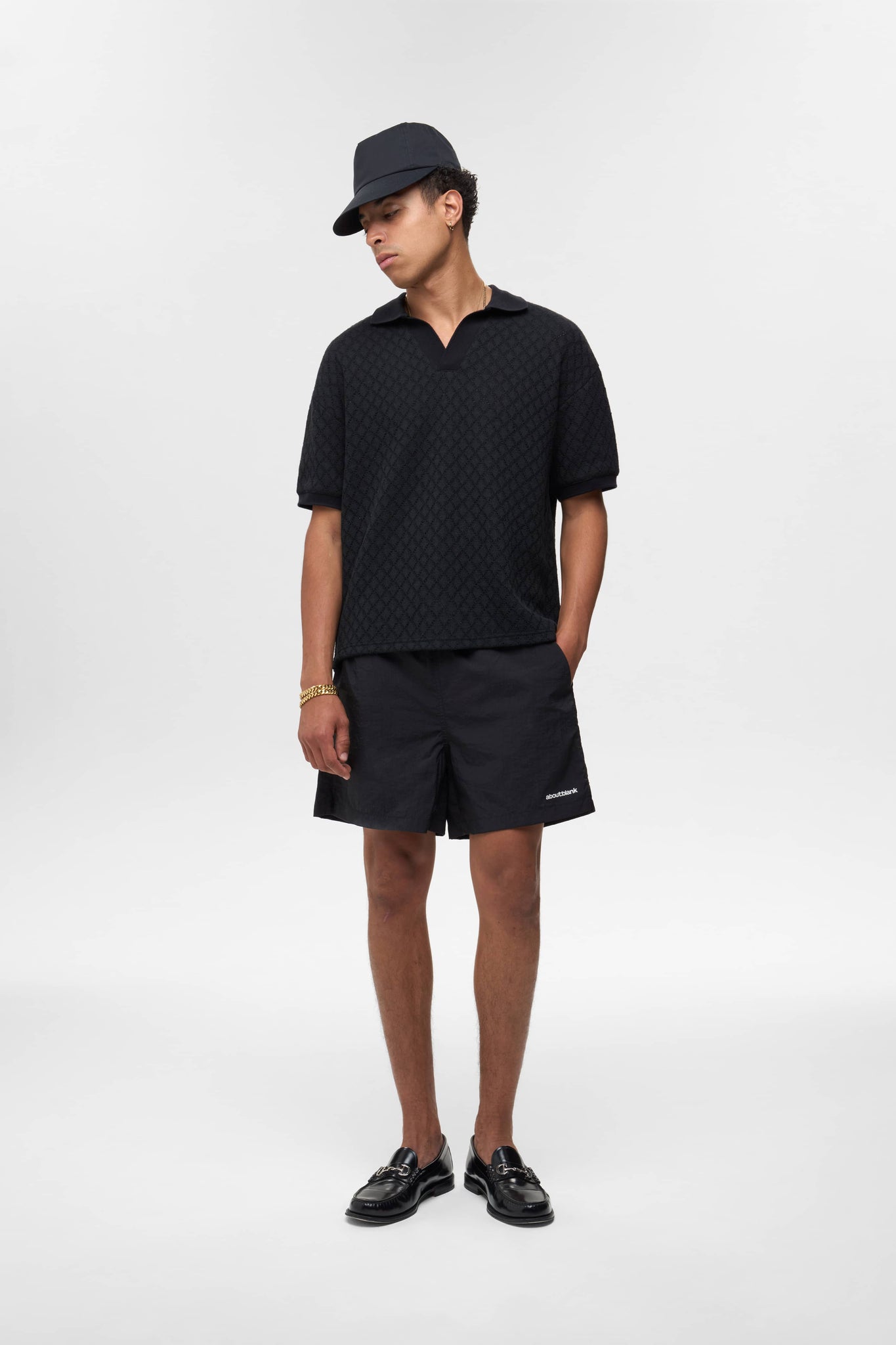 open collar knitted polo black