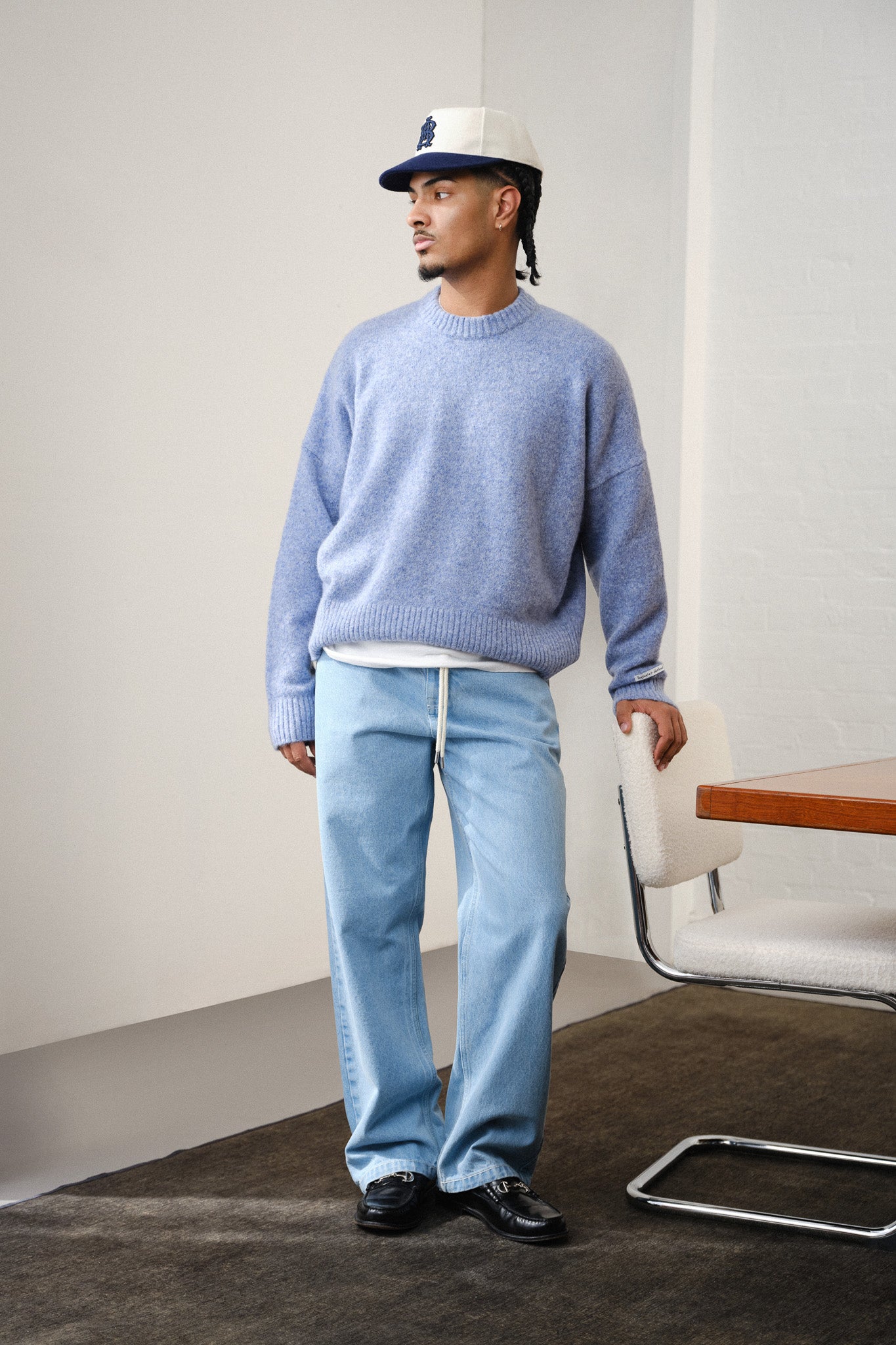 about:blank | mohair knitted crewneck blue/ecru about:blank | mohair knitted crewneck blue/ecru