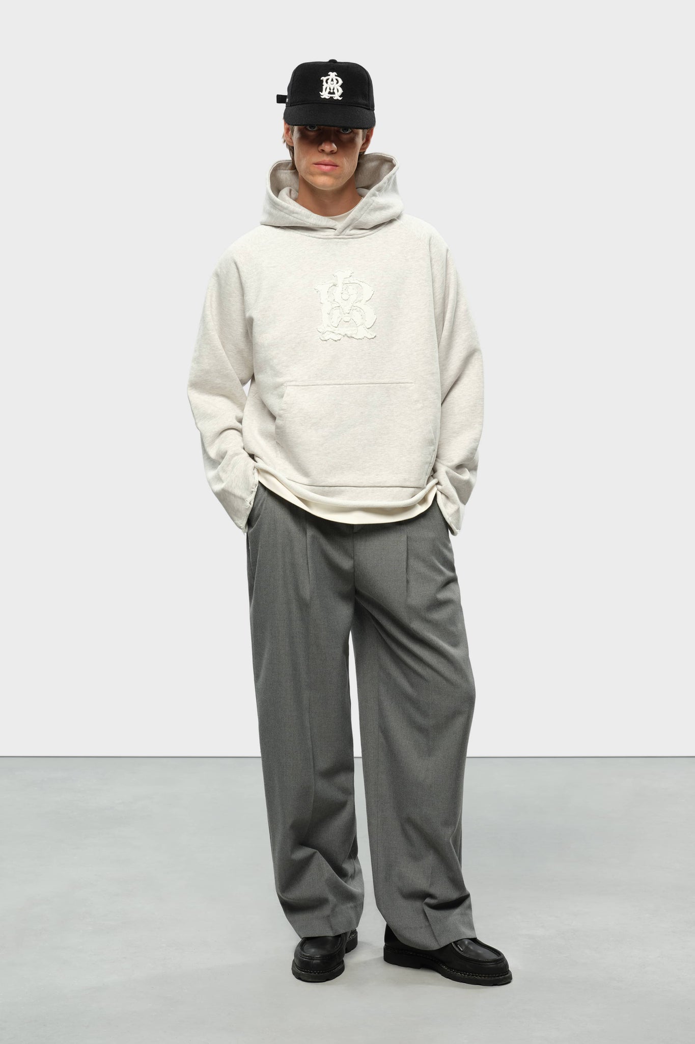 monogram cut off hoodie grey marl