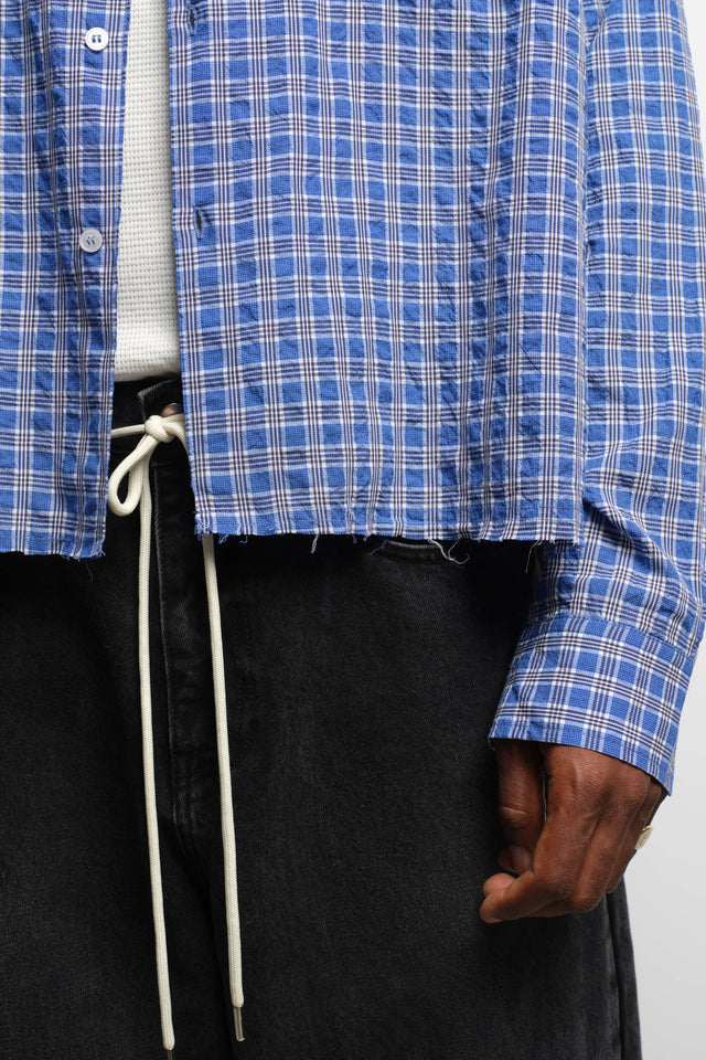 raw edge check shirt blue