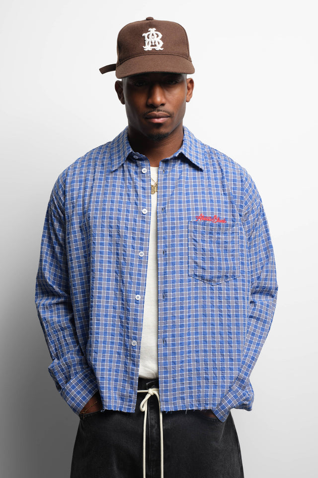 raw edge check shirt blue