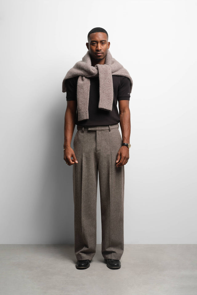 tailored wide leg trouser brown herringbone