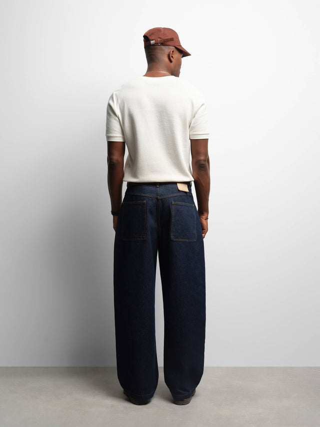 wide leg felled denim raw indigo