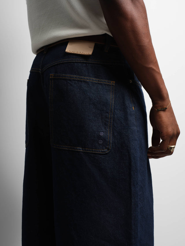 wide leg felled denim raw indigo