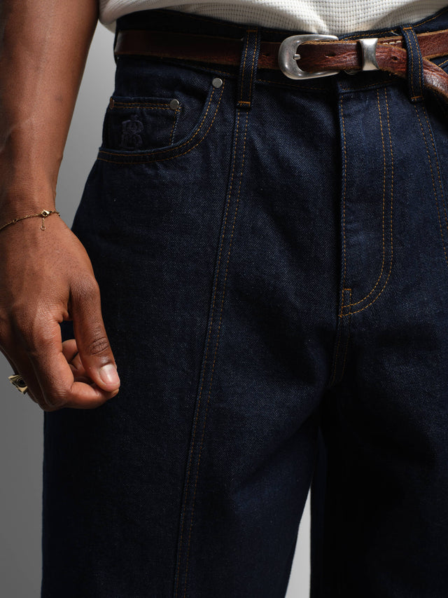 wide leg felled denim raw indigo