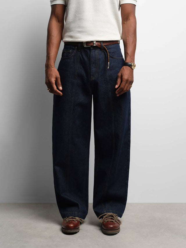 wide leg felled denim raw indigo