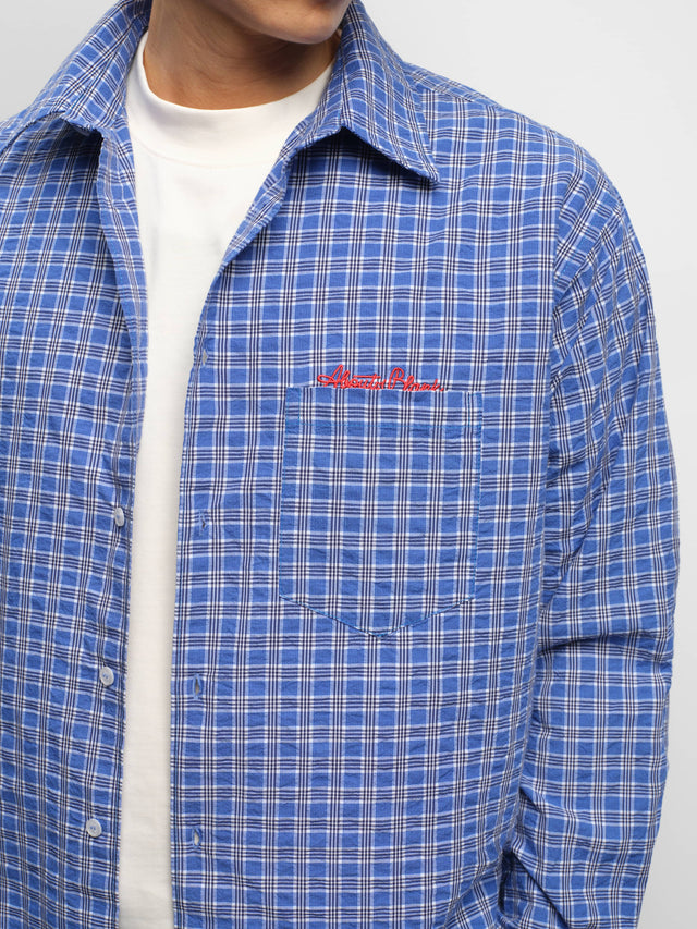 raw edge check shirt blue