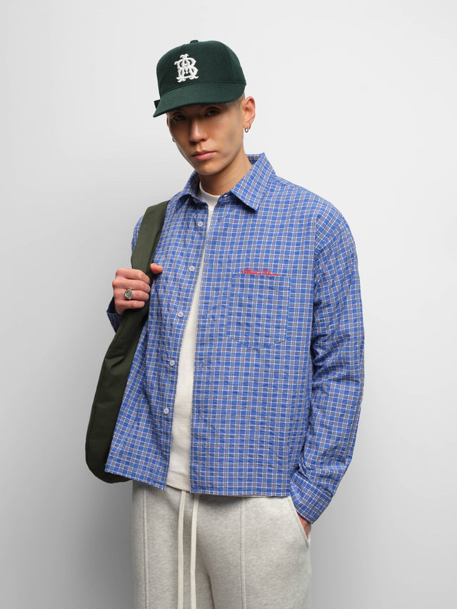 raw edge check shirt blue