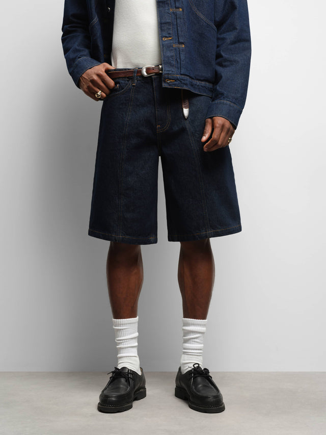 felled denim short raw indigo