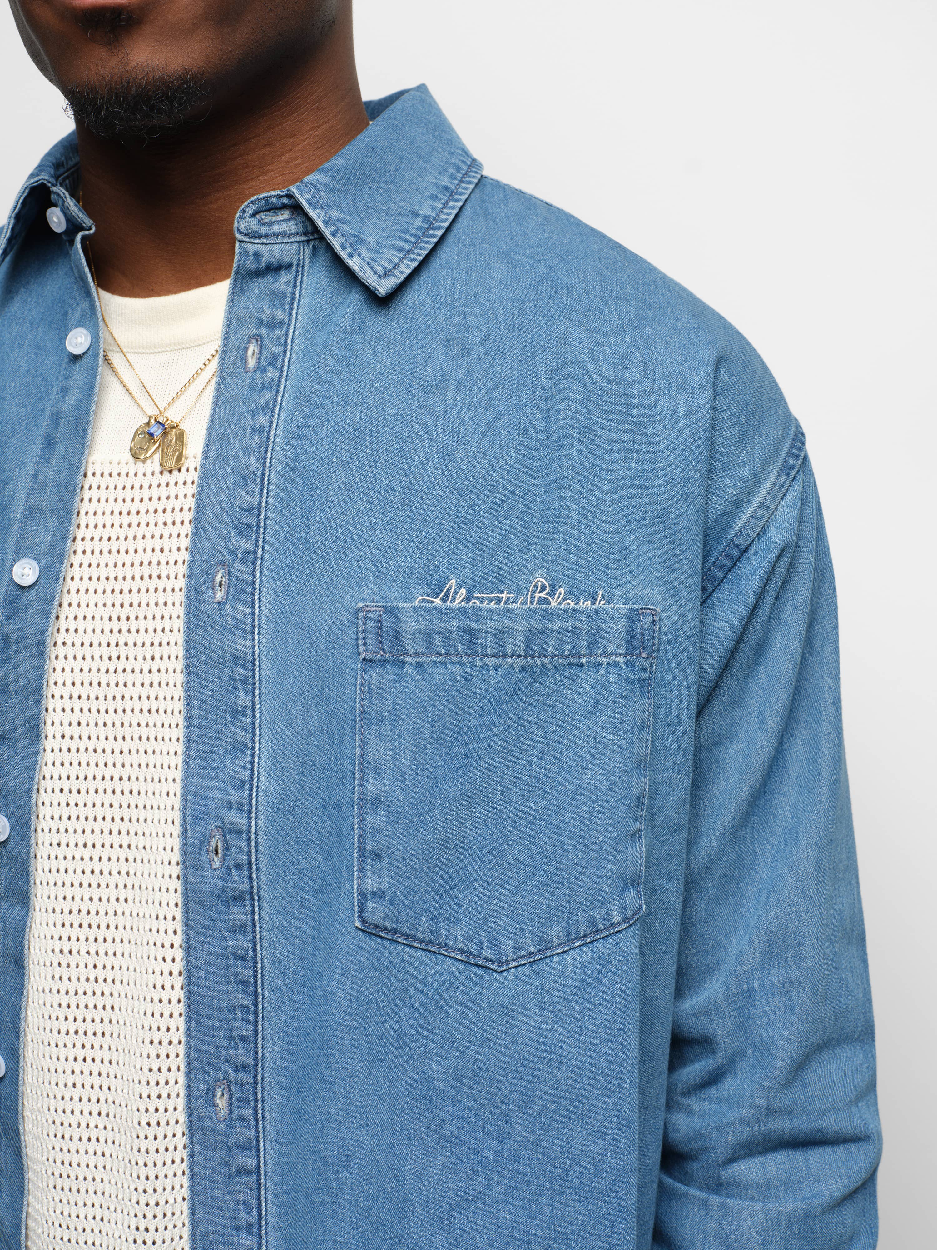 about:blank | denim script shirt blue wash