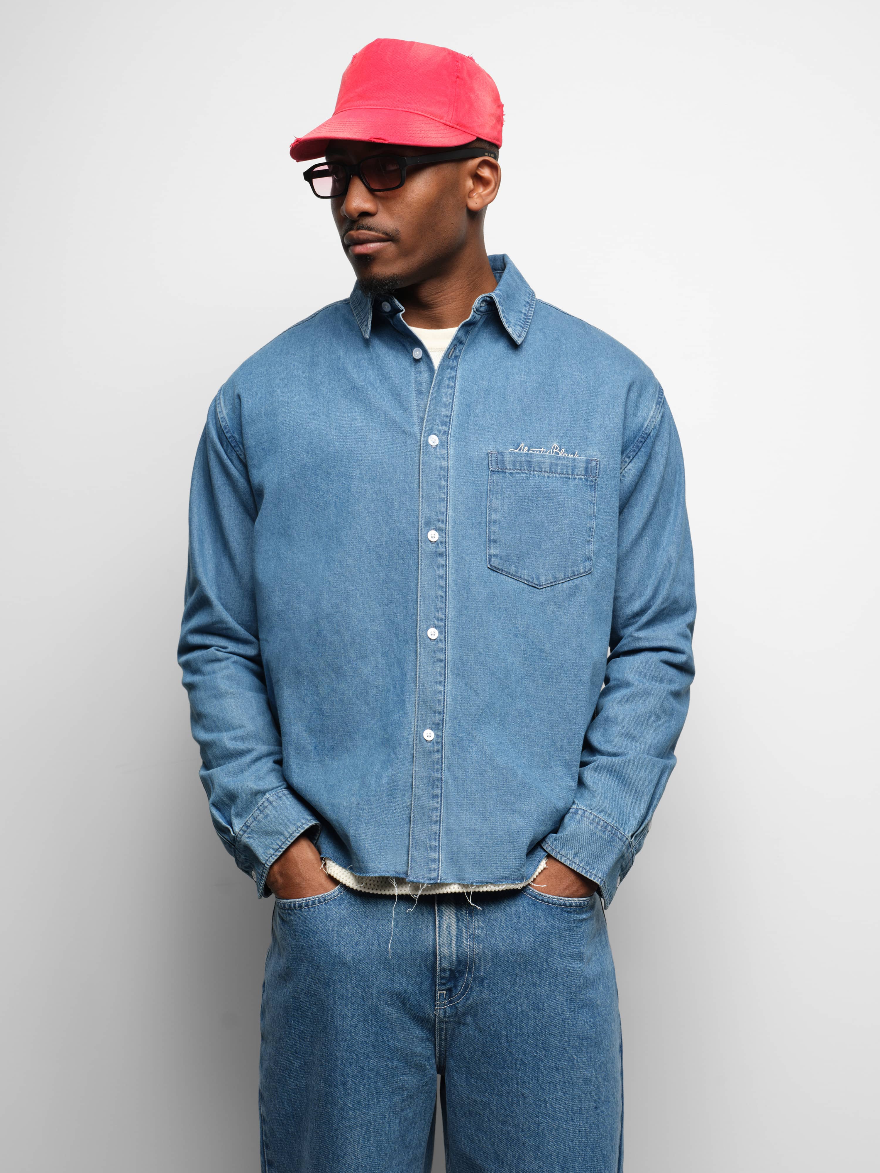 about:blank | denim script shirt blue wash