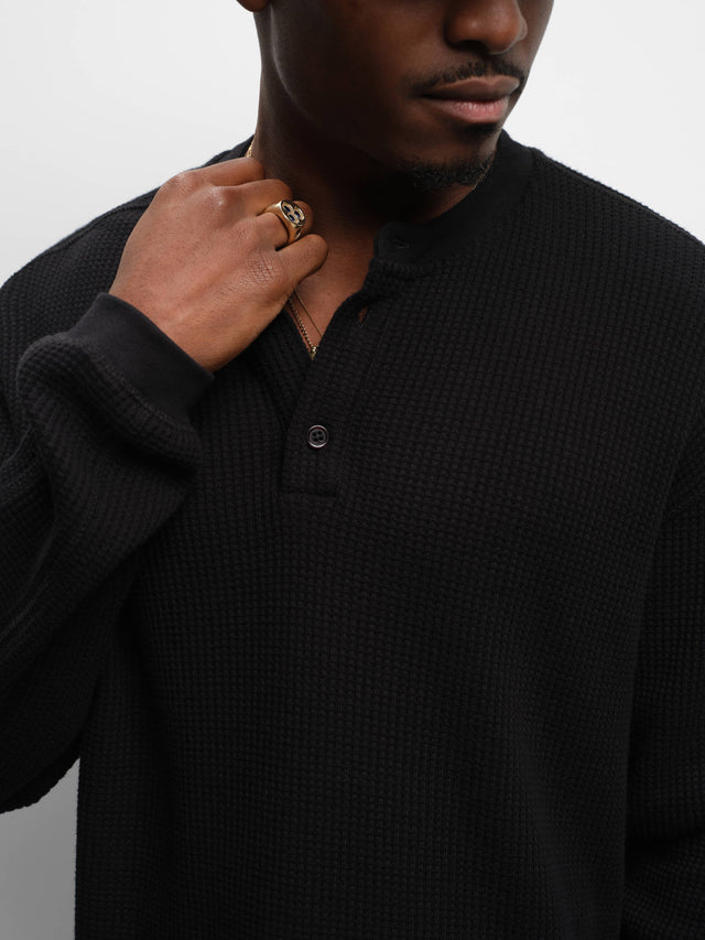henley long sleeve waffle black
