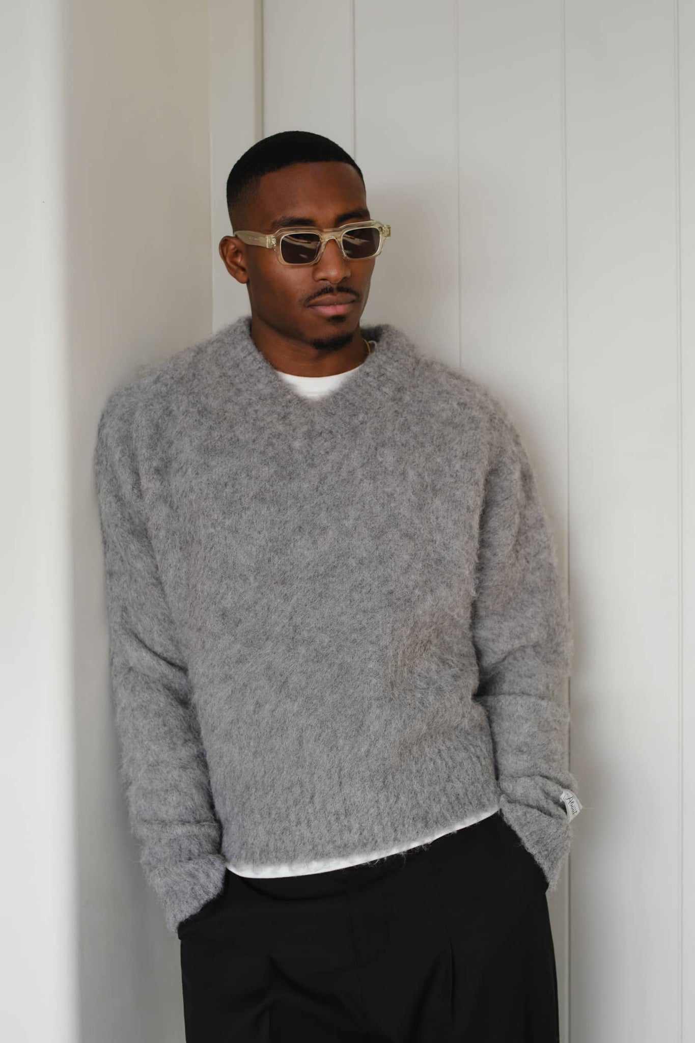 brushed alpaca v-neck jumper grey