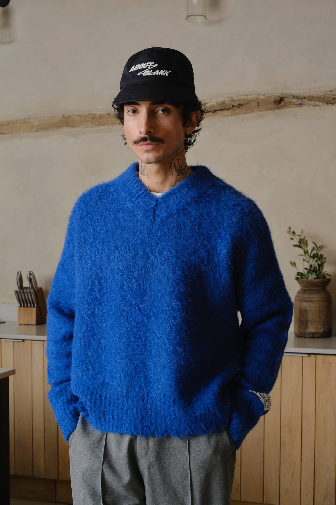 brushed alpaca v-neck jumper cerulean blue