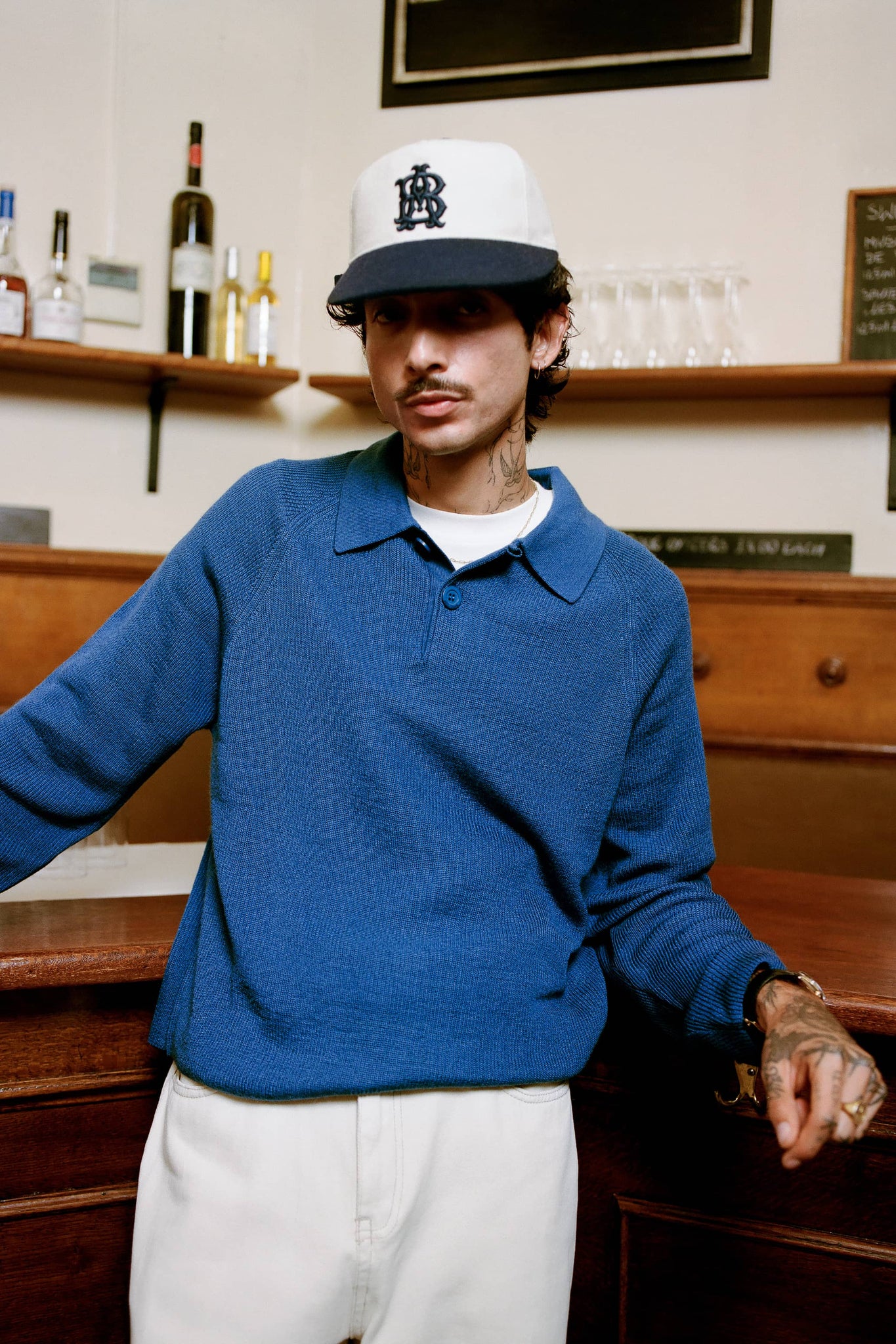 long sleeve knitted polo estate blue