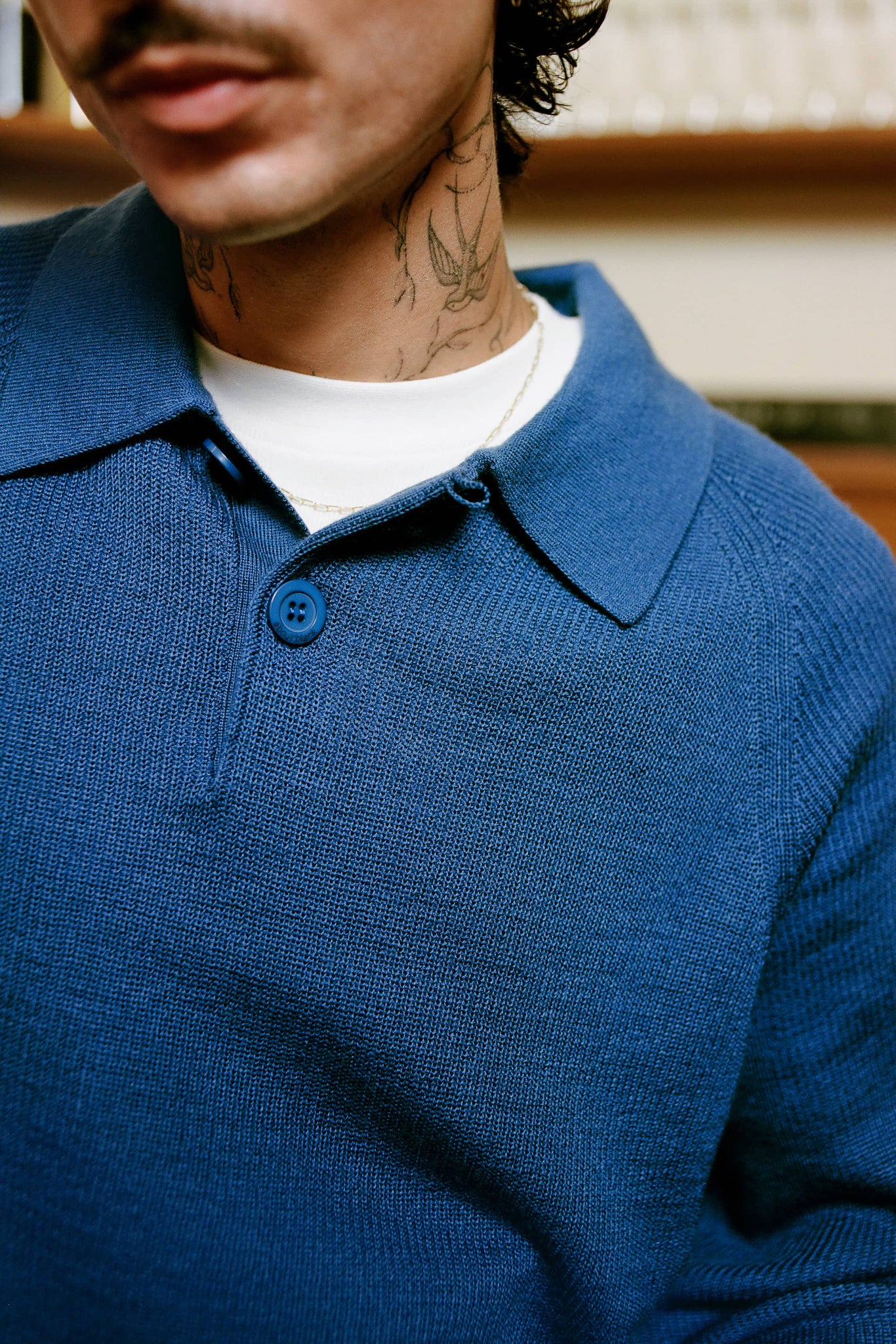 long sleeve knitted polo estate blue