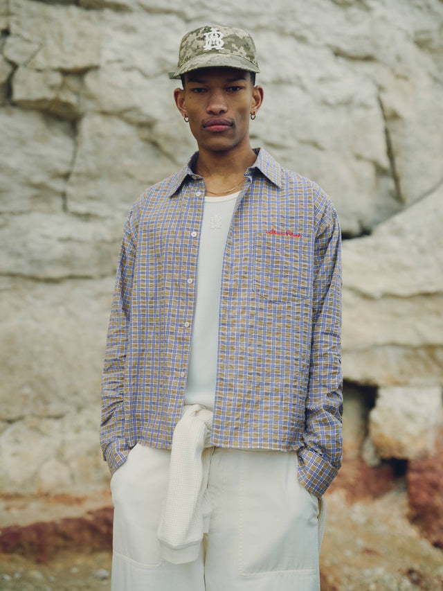 raw edge check shirt tan