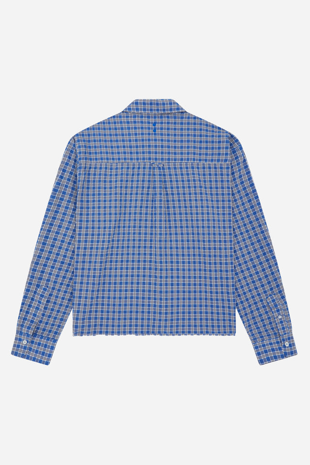 raw edge check shirt blue