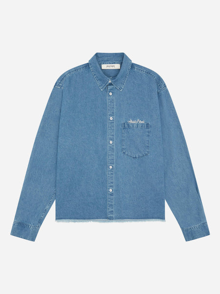about:blank | denim script shirt blue wash