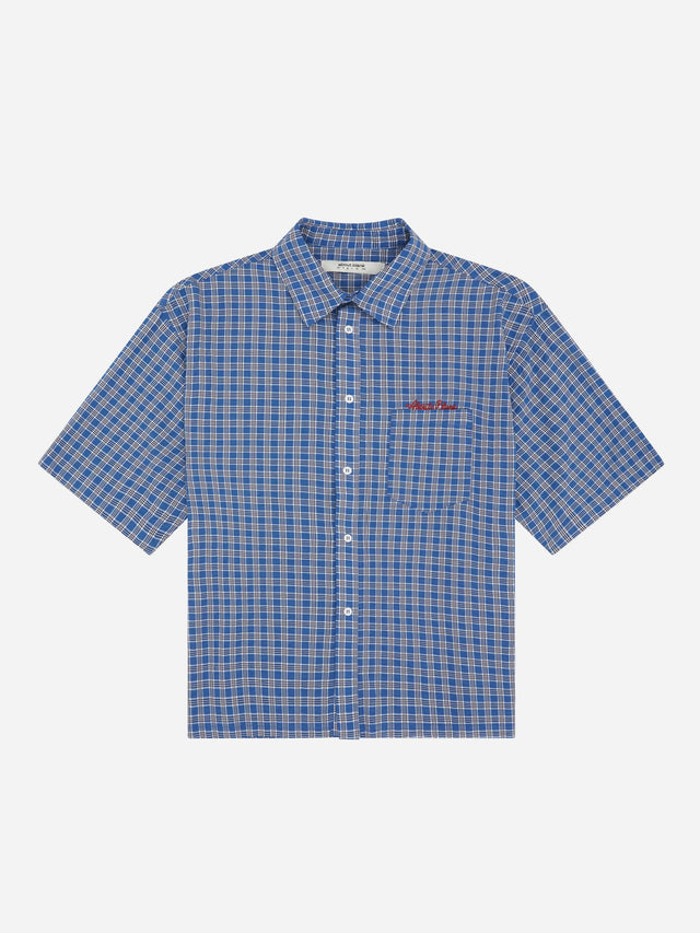 raw hem short sleeve check shirt blue