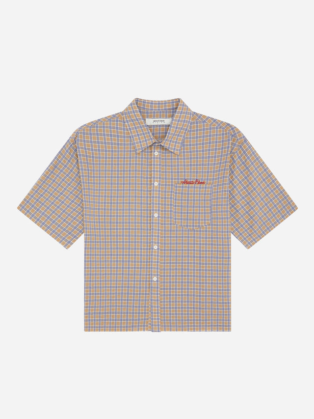 raw hem short sleeve check shirt tan