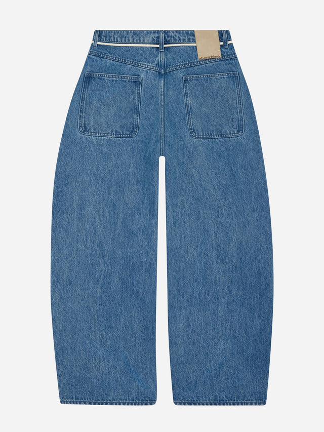 wide leg felled denim jean mid wash