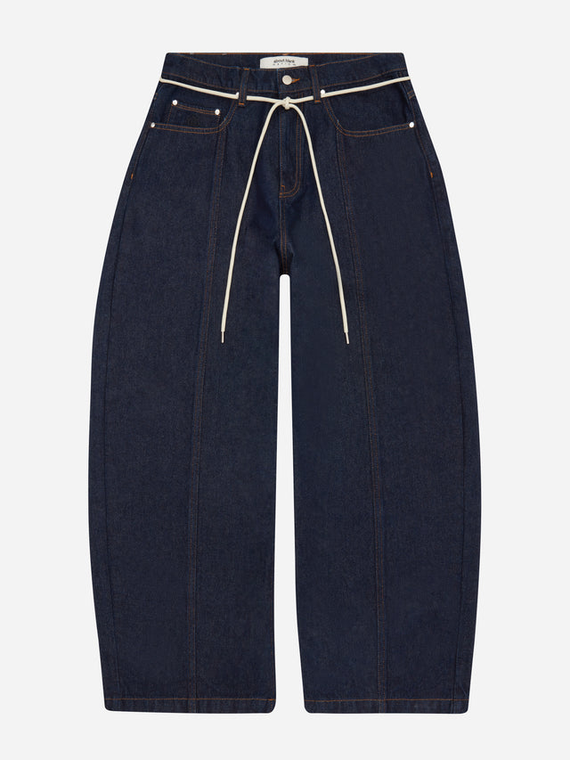 wide leg felled denim raw indigo